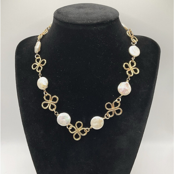 Designer Coin Pearls Necklace Gold Plated Knot Design 16 In Choker Signed - Picture 2 of 7